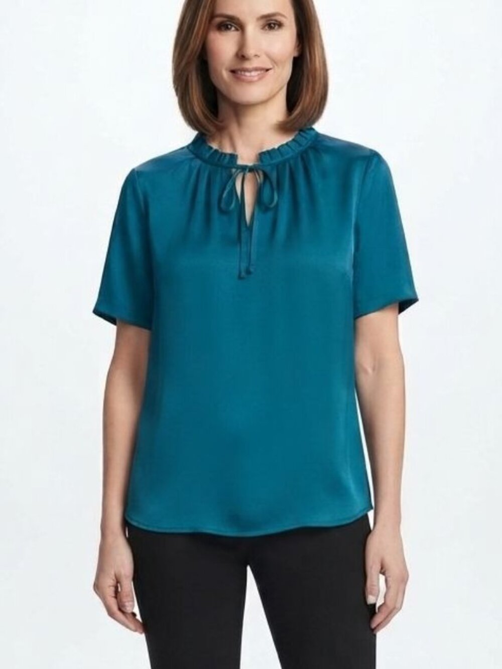 Worthington Teal Blue Ruffle Mock Neck Tie Front Short Sleeve Blouse Size Large